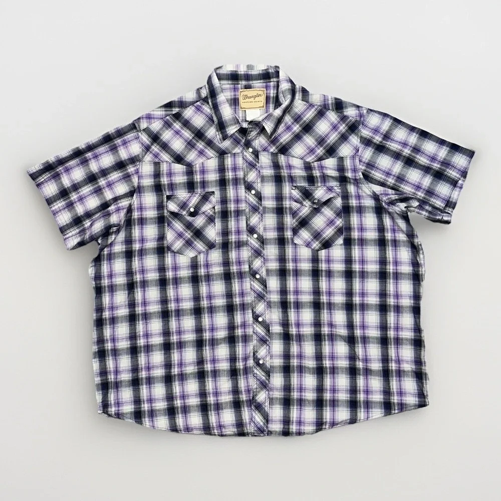 Wrangler Shirt Pearl Snap Buttons Purple Plaid 3XL Western Short Sleeve